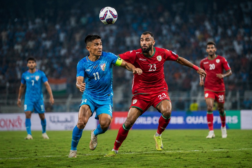 India vs Oman Football Rivalry match between India and Oman national football teams in a packed stadium