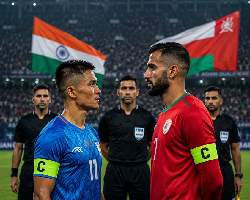 India vs Oman Football Rivalry match between India and Oman national football teams in a packed stadium