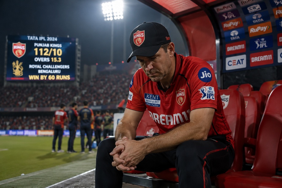 Ricky Ponting IPL Heartbreak showing Ponting sitting emotionally in the Punjab Kings dugout after a tough IPL loss