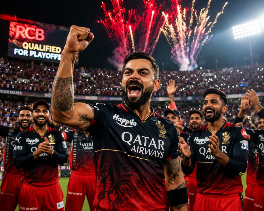 RCB Officially Qualify Playoffs as Virat Kohli celebrates with teammates after securing Bengaluru's playoff spot.