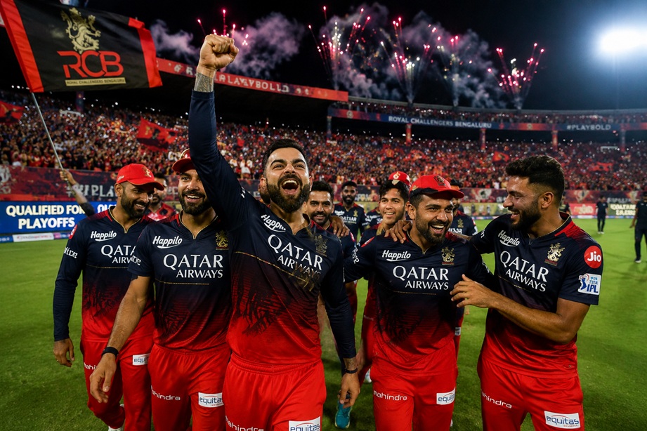 RCB Officially Qualify Playoffs as Virat Kohli celebrates with teammates after securing Bengaluru's playoff spot.
