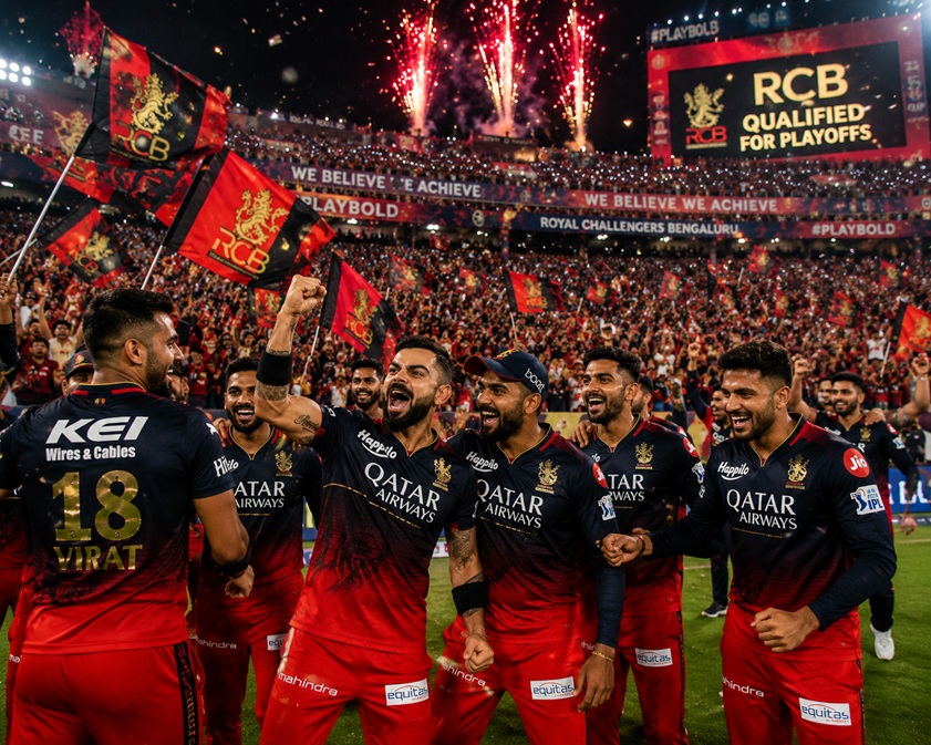 RCB Officially Qualify Playoffs as Virat Kohli celebrates with teammates after securing Bengaluru's playoff spot.