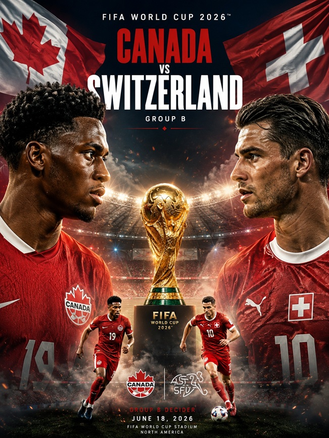 Canada First World Cup Win celebration during FIFA World Cup 2026 as Switzerland defeats Bosnia in Group B action.