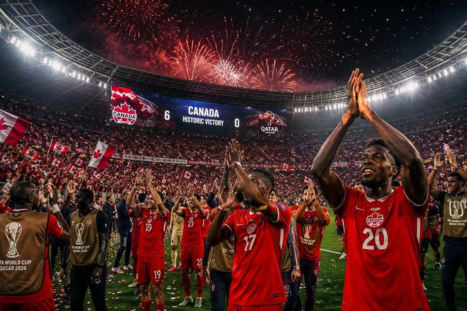 Canada First World Cup Win celebration during FIFA World Cup 2026 as Switzerland defeats Bosnia in Group B action.