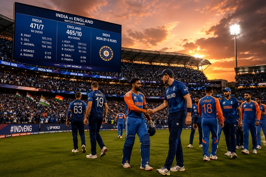 England vs India Scorecard showing batting, bowling, and match highlights