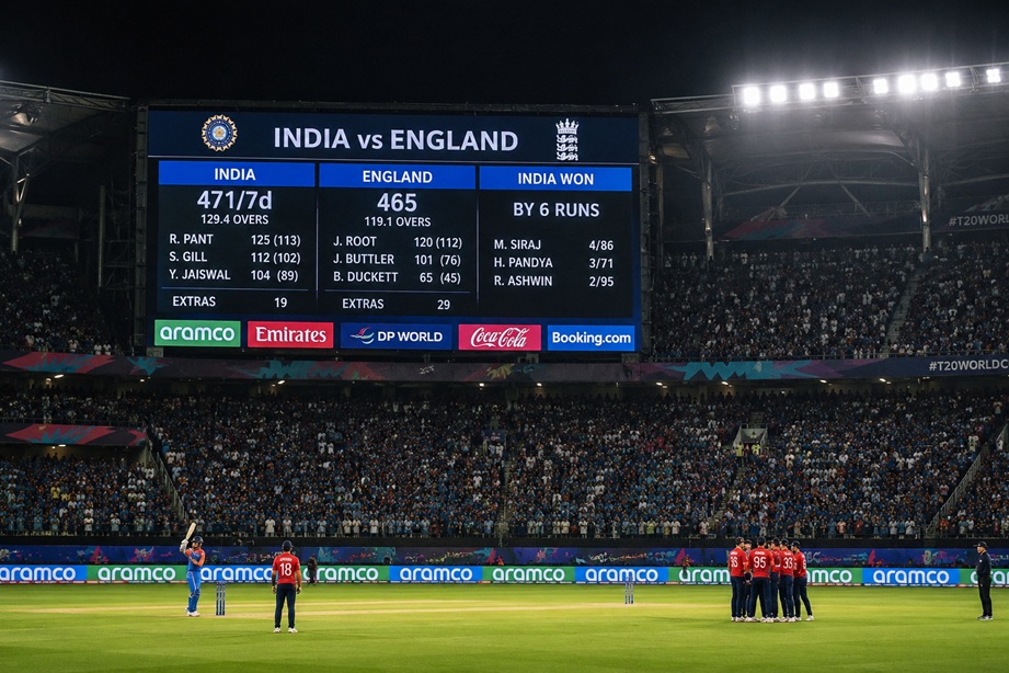 England vs India Scorecard showing batting, bowling, and match highlights