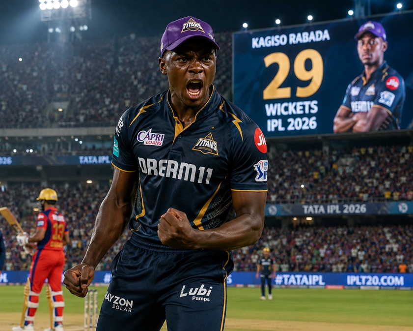 IPL 2026 Purple Cap Winner Kagiso Rabada celebrating after taking a wicket for Gujarat Titans