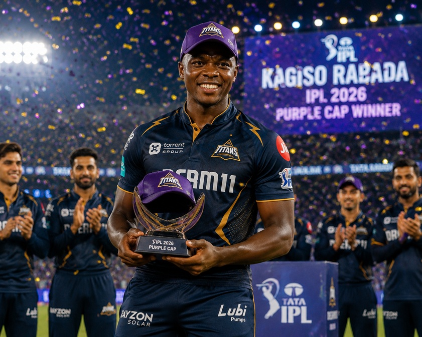 IPL 2026 Purple Cap Winner Kagiso Rabada celebrating after taking a wicket for Gujarat Titans