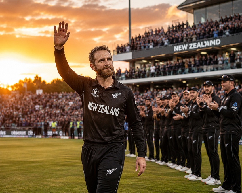 Kane Williamson Retirement News featuring Kane Williamson with the World Test Championship trophy during his farewell from international cricket