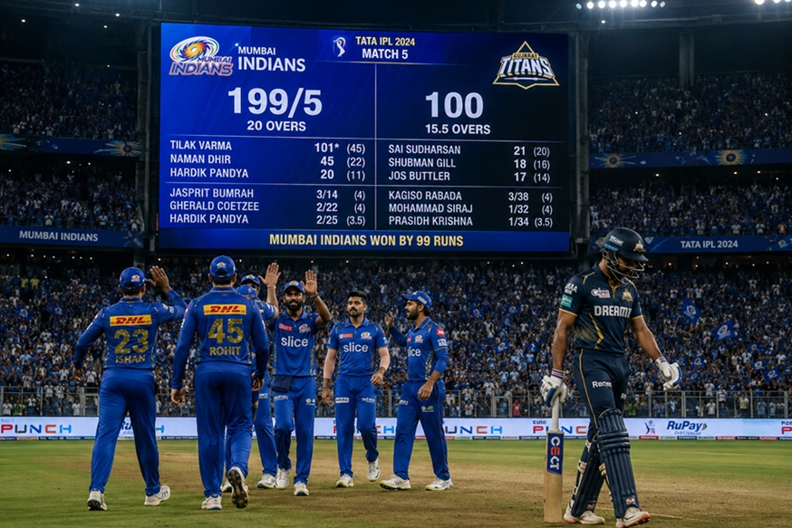 MI vs GT Scorecard showing Tilak Varma's century in Mumbai Indians' 99-run win over Gujarat Titans