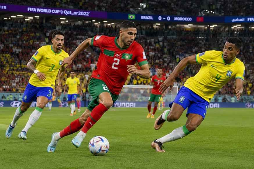 Morocco vs Brazil World Cup match featuring Achraf Hakimi and Vinícius Júnior in action
