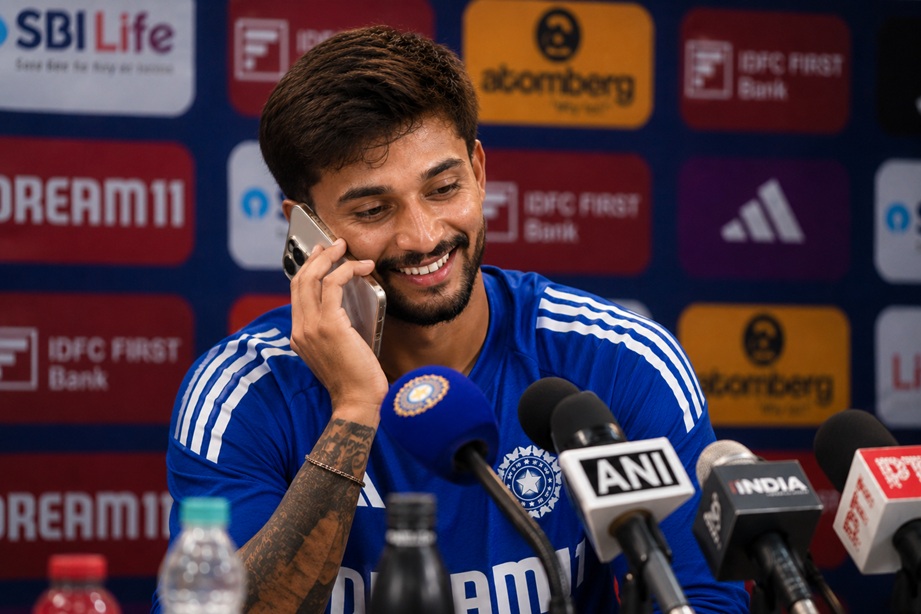 Nitish Reddy Viral Moment during press conference as he answers his mother's phone call after India's victory over Afghanistan