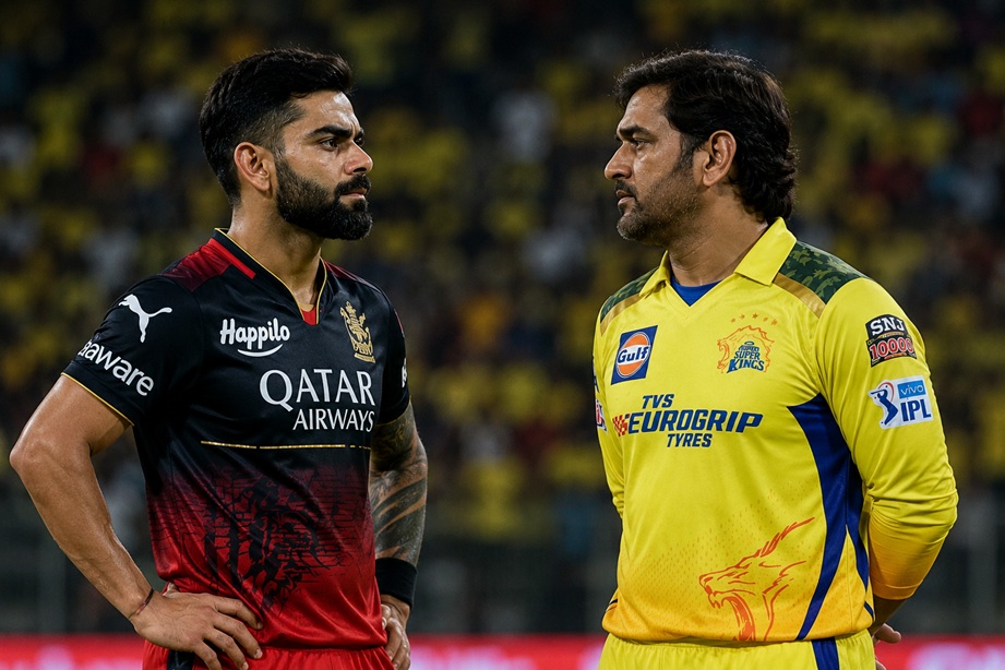 Royal Challengers Bengaluru vs Chennai Super Kings timeline featuring Virat Kohli and MS Dhoni in an iconic IPL rivalry match