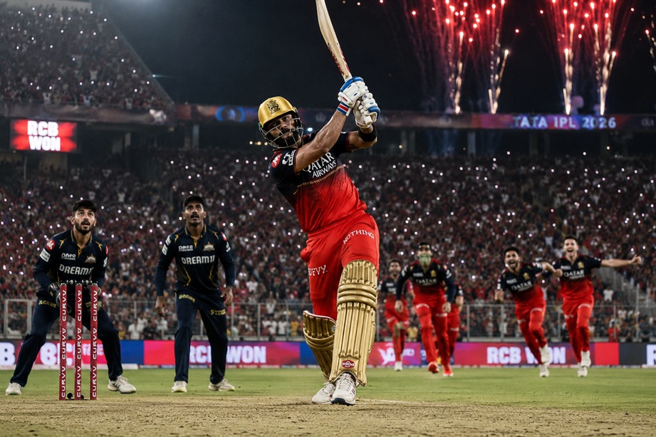RCB vs GT Highlights 2026 featuring Virat Kohli celebrating Royal Challengers Bengaluru IPL Final victory