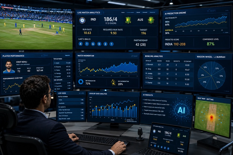 Real-Time Cricket Betting Data displayed with live odds, cricket statistics, and betting analytics during a T20 match