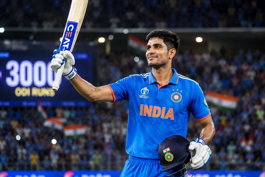 Shubman Gill 3000 ODI Runs milestone celebration during India vs Afghanistan ODI match