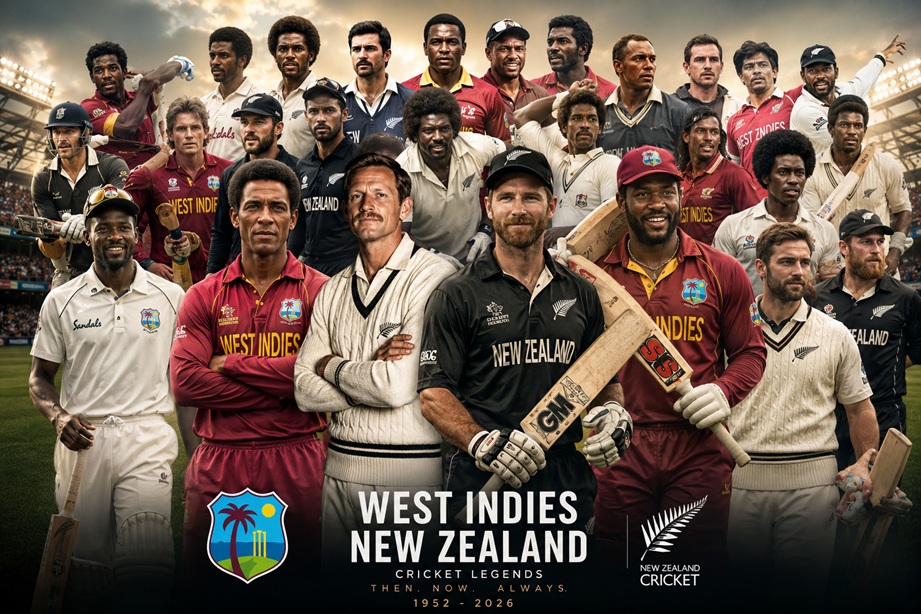 West Indies NZ Timeline 1952 to 2026 featuring historic cricket rivalry between West Indies and New Zealand