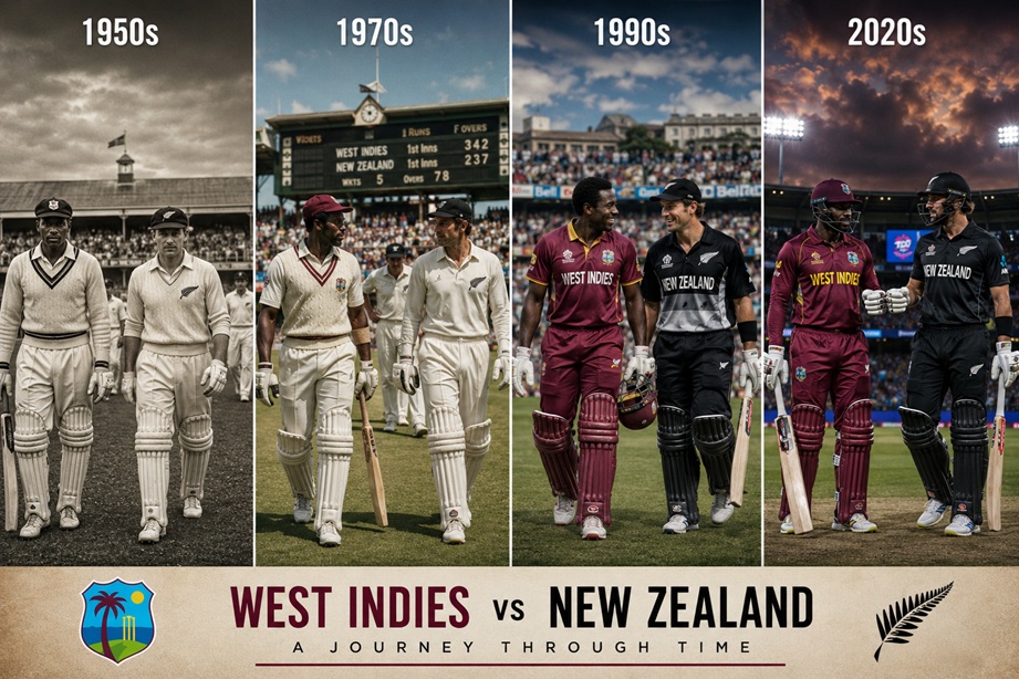West Indies NZ Timeline 1952 to 2026 featuring historic cricket rivalry between West Indies and New Zealand