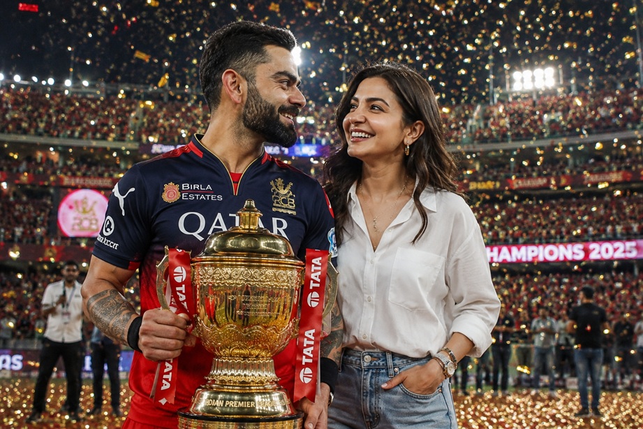 Virushka IPL Victory Moment as Virat Kohli blows a flying kiss to Anushka Sharma after hitting the winning six in the IPL final