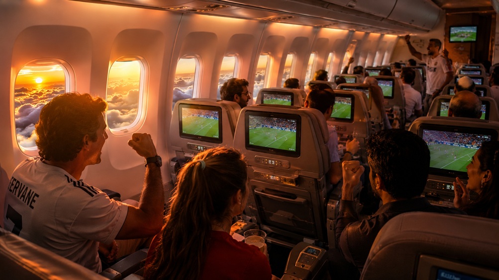 Emirates World Cup Live passengers watching FIFA World Cup Final on ICE entertainment system at 40,000 feet