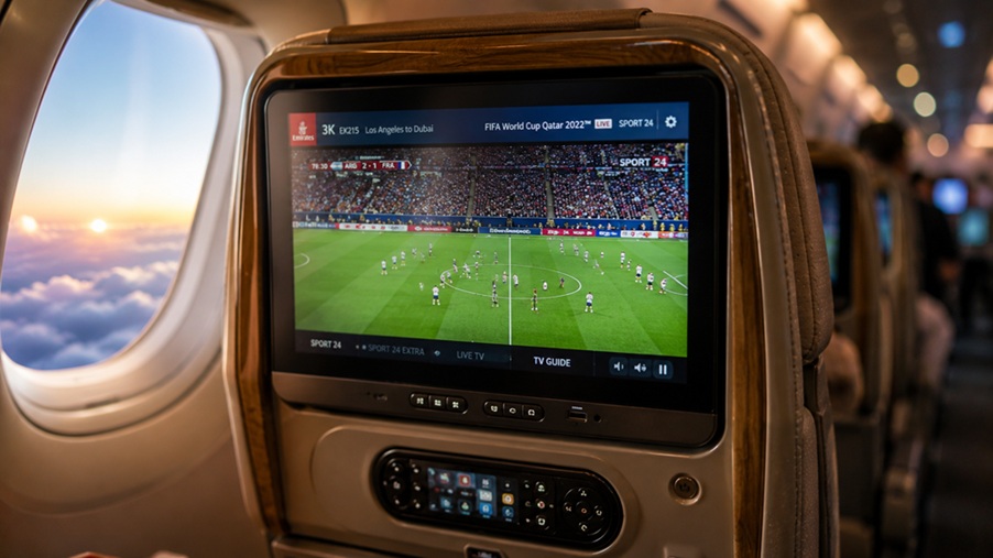 Emirates World Cup Live passengers watching FIFA World Cup Final on ICE entertainment system at 40,000 feet