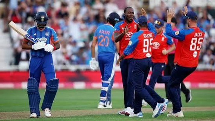 England vs India 3rd T20I Scorecard featuring Jofra Archer and Phil Salt during England's 125-run victory at Trent Bridge