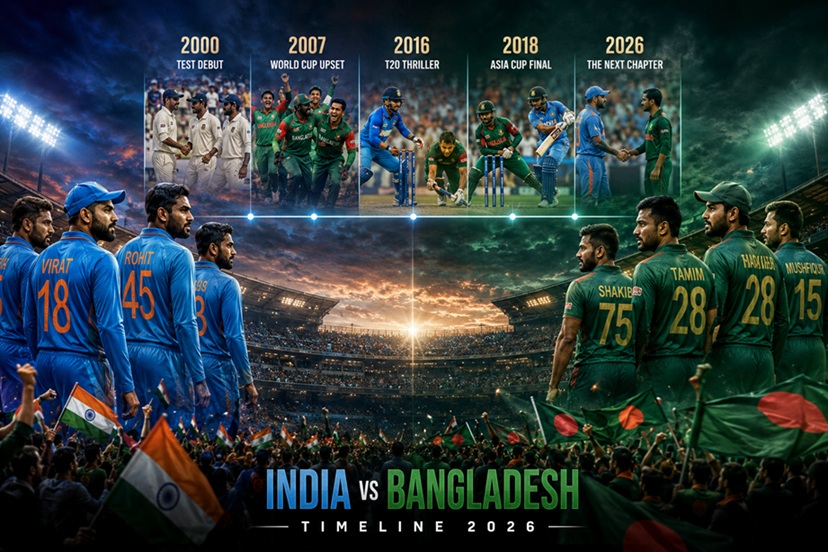 India vs Bangladesh Timeline 2026 featuring historic cricket rivalry, World Cup matches, Asia Cup finals, and iconic moments