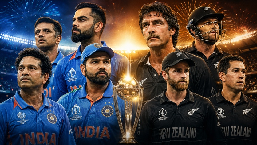 India vs New Zealand Timeline featuring legendary cricket rivalry, iconic players, ICC matches, and historic moments in 2026