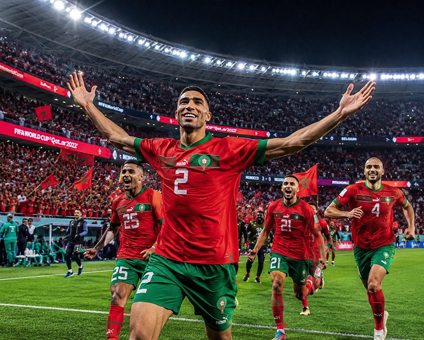 Morocco World Cup Semi-Final hopes with Achraf Hakimi and Morocco national football team celebrating before facing France
