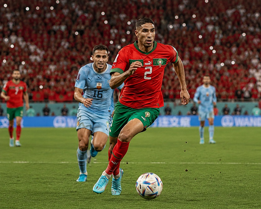 Morocco World Cup Semi-Final hopes with Achraf Hakimi and Morocco national football team celebrating before facing France