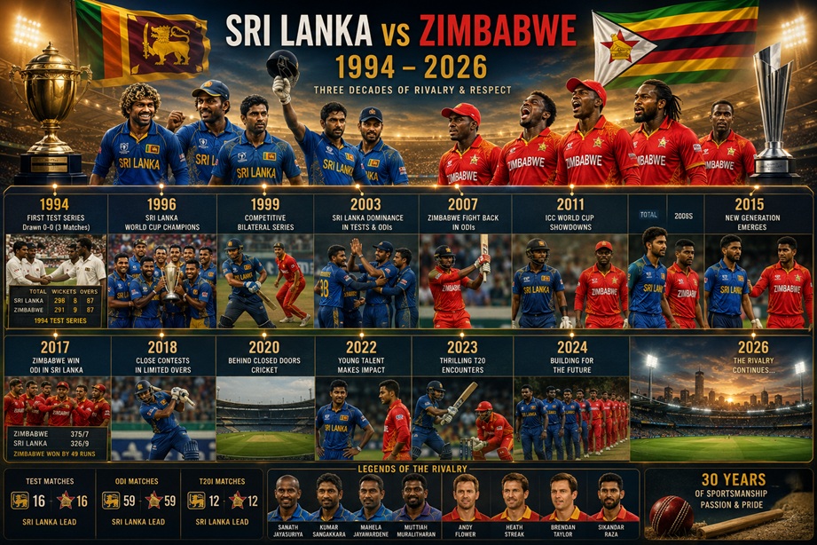 Sri Lanka vs Zimbabwe Timeline 1994–2026 featuring complete cricket rivalry history, memorable matches, legendary players, and head-to-head records
