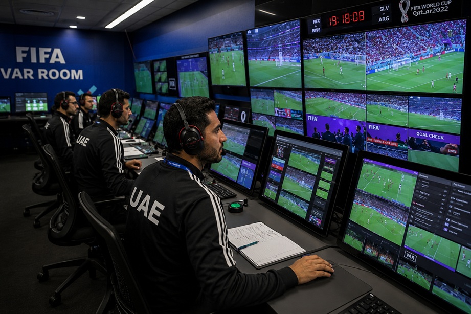 UAE referee team campaign officials officiating at the FIFA World Cup with VAR technology