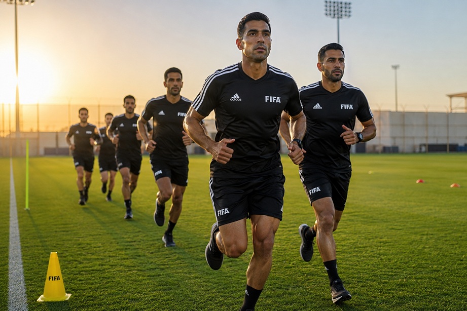UAE referee team campaign officials officiating at the FIFA World Cup with VAR technology
