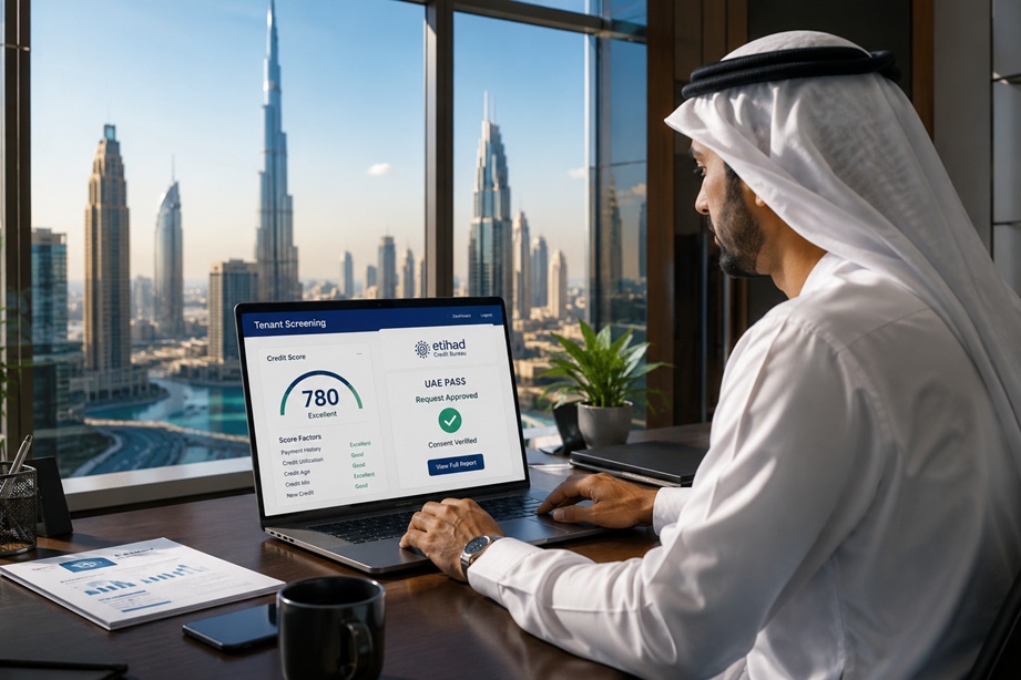 UAE Tenant Screening Service showing landlord reviewing tenant credit approval through UAE PASS and Etihad Credit Bureau