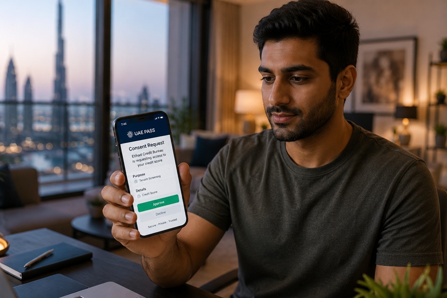 UAE Tenant Screening Service showing landlord reviewing tenant credit approval through UAE PASS and Etihad Credit Bureau