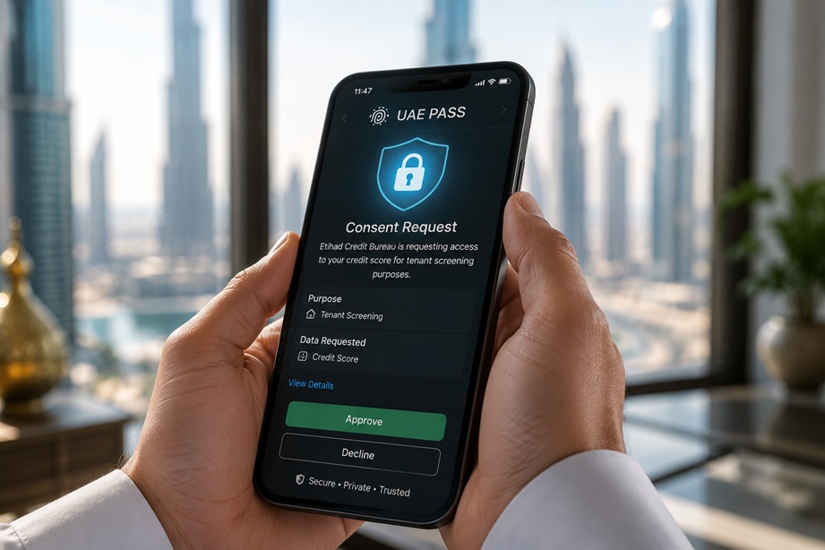 UAE Tenant Screening Service showing landlord reviewing tenant credit approval through UAE PASS and Etihad Credit Bureau