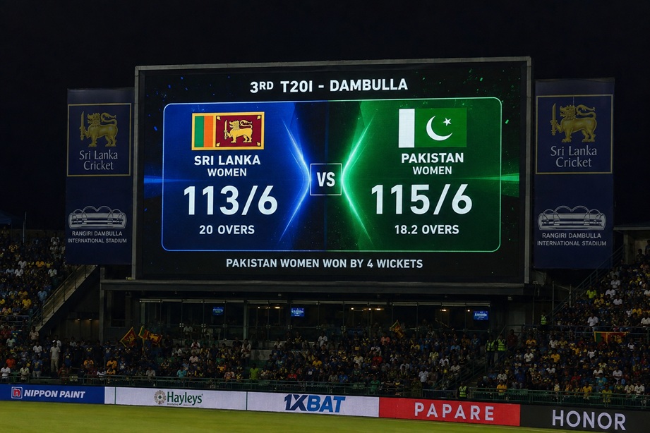 Sri Lanka Women 3rd T20I Scorecard showing Pakistan Women defeating Sri Lanka Women by 4 wickets at Dambulla