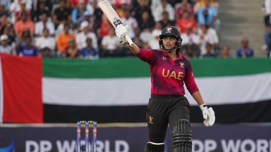 UAE Women vs Nepal Women Timeline 2026 showing Esha Oza and the match scoreboard