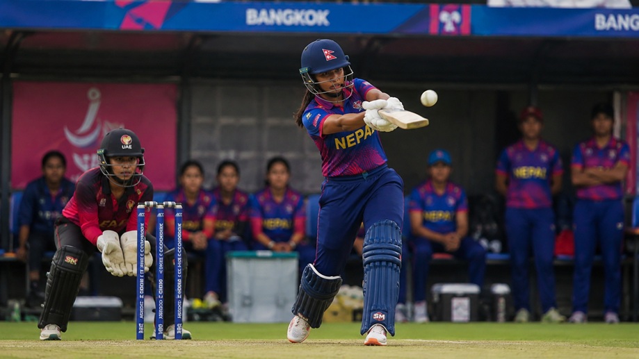 UAE Women vs Nepal Women Timeline 2026 showing Esha Oza and the match scoreboard