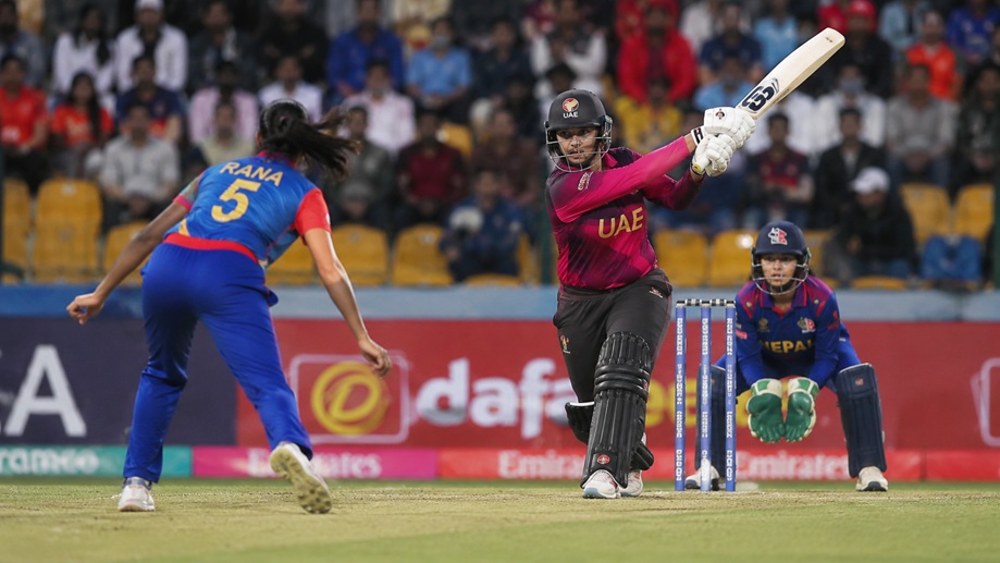 UAE Women vs Nepal Women Timeline 2026 showing Esha Oza and the match scoreboard