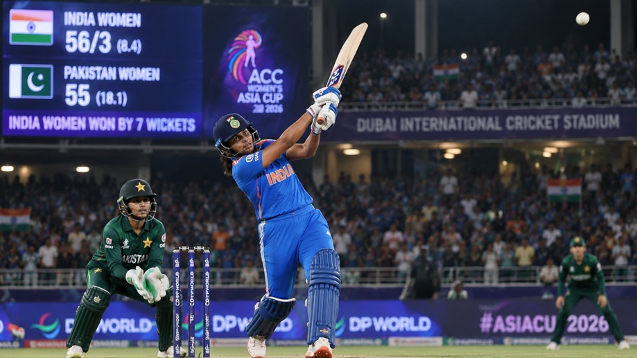 India Women Pakistan Scorecard 2026 showing India celebrating a 7-wicket victory over Pakistan Women in the Women's Asia Cup 2026
