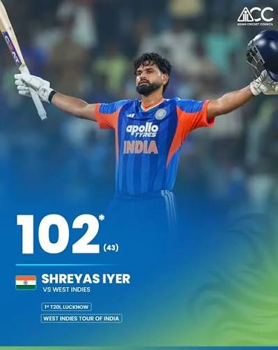 Shreyas Iyer 102 vs West Indies during the India vs West Indies 1st T20I in Lucknow
