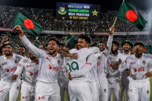 Bangladesh Test declaration strategy celebration after historic Test victory against Pakistan.