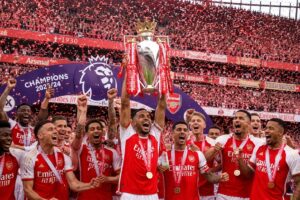 Arsenal Emirates Era Champions celebrating Premier League title at Emirates Stadium