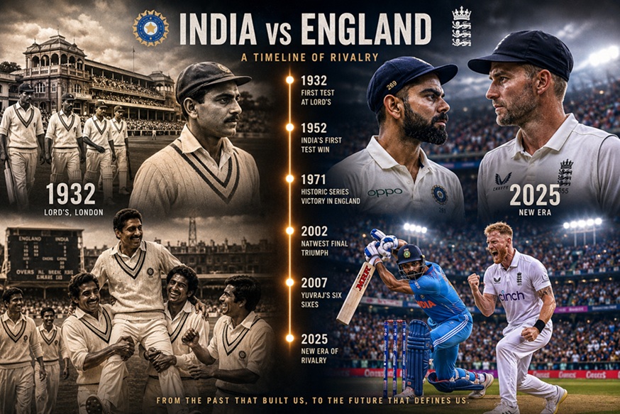 India England Cricket Timeline featuring historic matches and legendary players from India and England cricket rivalry