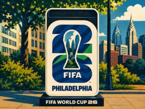 One-month World Cup countdown stadium atmosphere with fans and trophy
