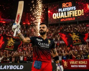 RCB Officially Qualify Playoffs as Virat Kohli celebrates with teammates after securing Bengaluru's playoff spot.