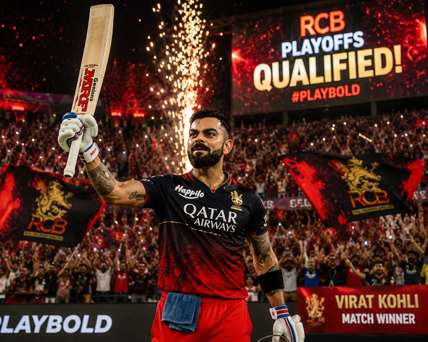 RCB Officially Qualify Playoffs as Virat Kohli celebrates with teammates after securing Bengaluru's playoff spot.