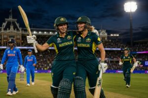 Australia Women Full Scorecard showing Ellyse Perry and Ashleigh Gardner during the record run chase against India Women at Lord's