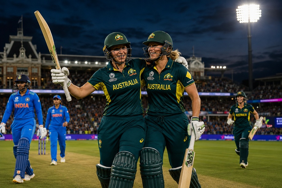 Australia Women Full Scorecard showing Ellyse Perry and Ashleigh Gardner during the record run chase against India Women at Lord's